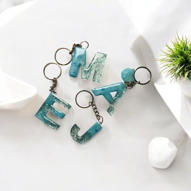 Sparkling Classic Resin Keychain in Blue with Blue and silver glitter - Butterfly Embellishment - Alphabet M