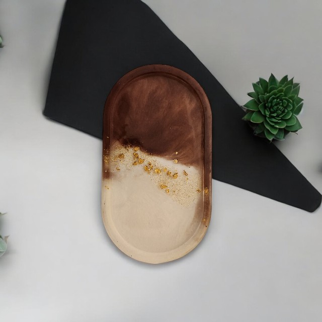 Elegant Brown and Pearl White Oval Vanity Tray with Gold tone