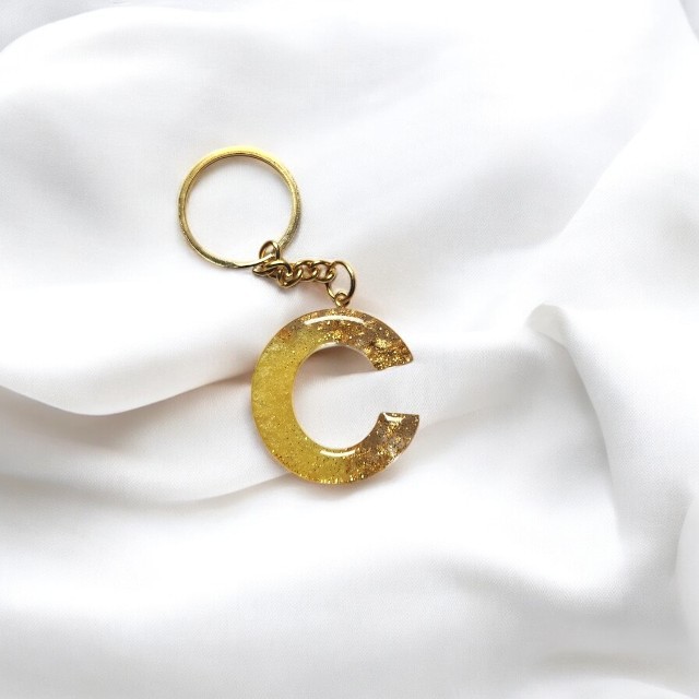 Shimmery Yellow Classic Resin Keychain with Gold Glitter - Alphabet C