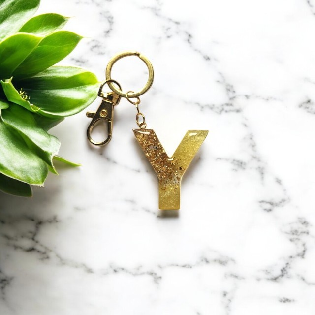 Shimmery Yellow Classic Resin Keychain with Gold Glitter - Alphabet C